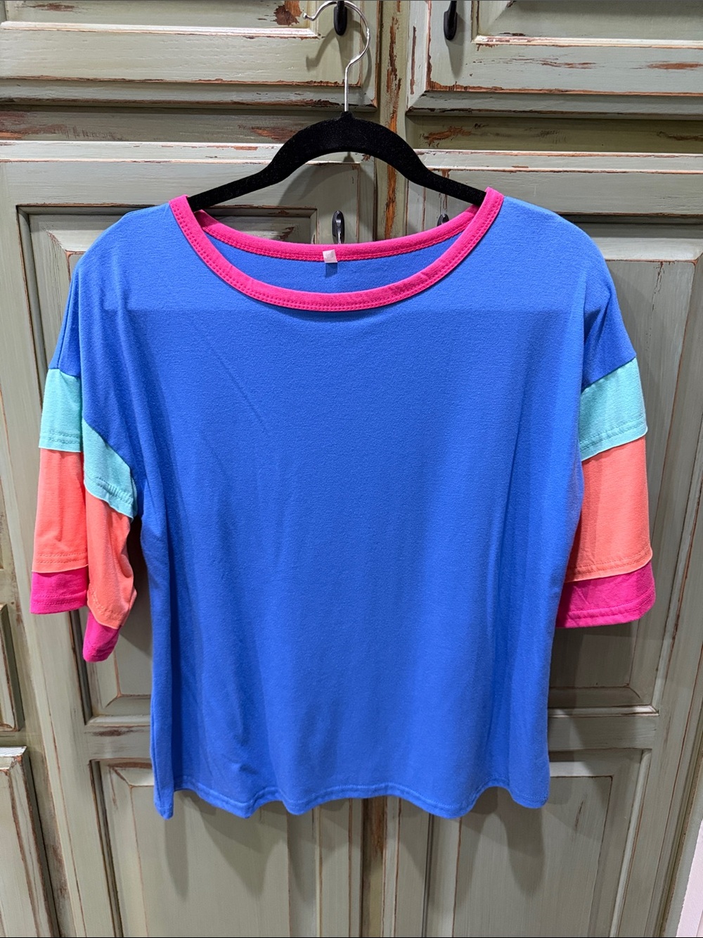 SHEIN Blue Crop Top with Pink & Coral Block Sleeves
